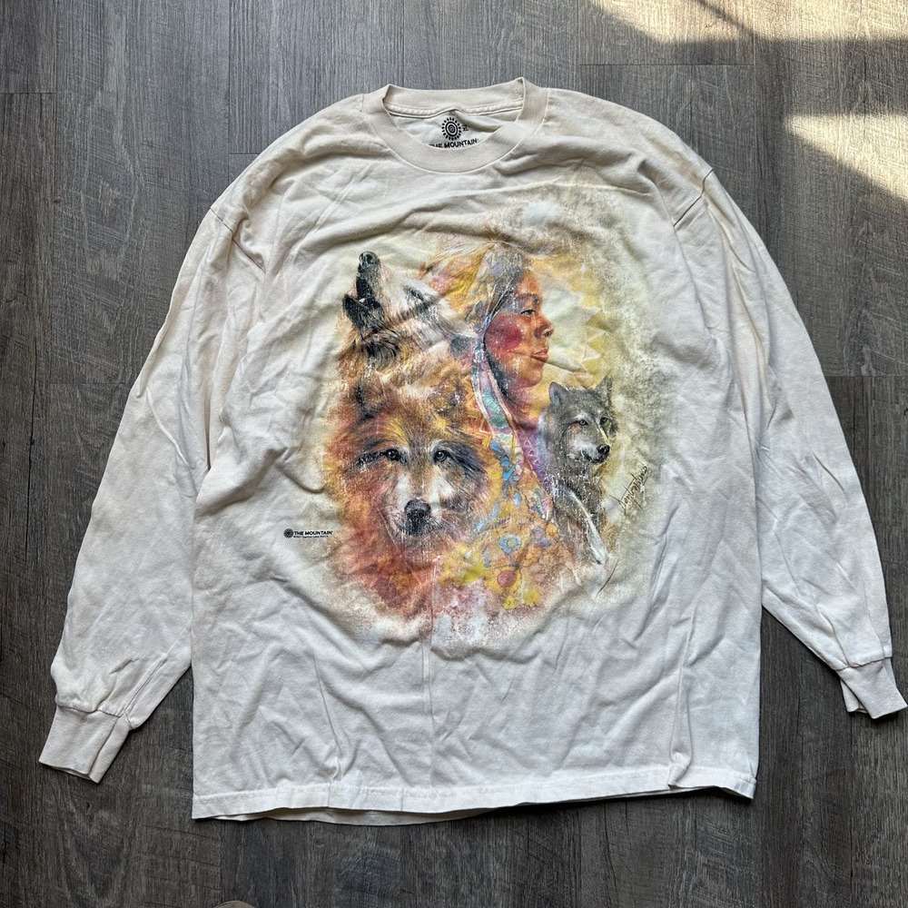 The Mountain Native American/Wolf Long Sleeve Shirt‎ Beige XL